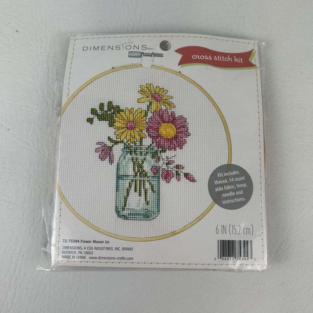 Dimensions Cross Stitch Kit Flower Mason Jar 6" New Sealed Crafts Fabric Hoop